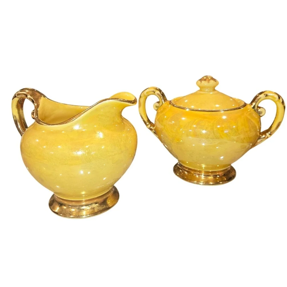 Vintage Yellow Opalescent Lusterware Creamer and Sugar Set 22K Gold Trim